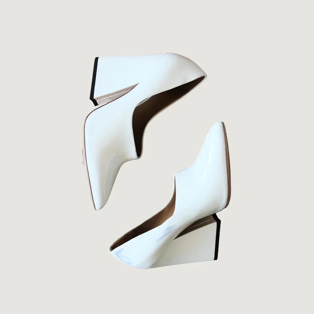 Acne Studios Ilona Patent Leather Pumps White Pointed Toe Block Heel Size 36